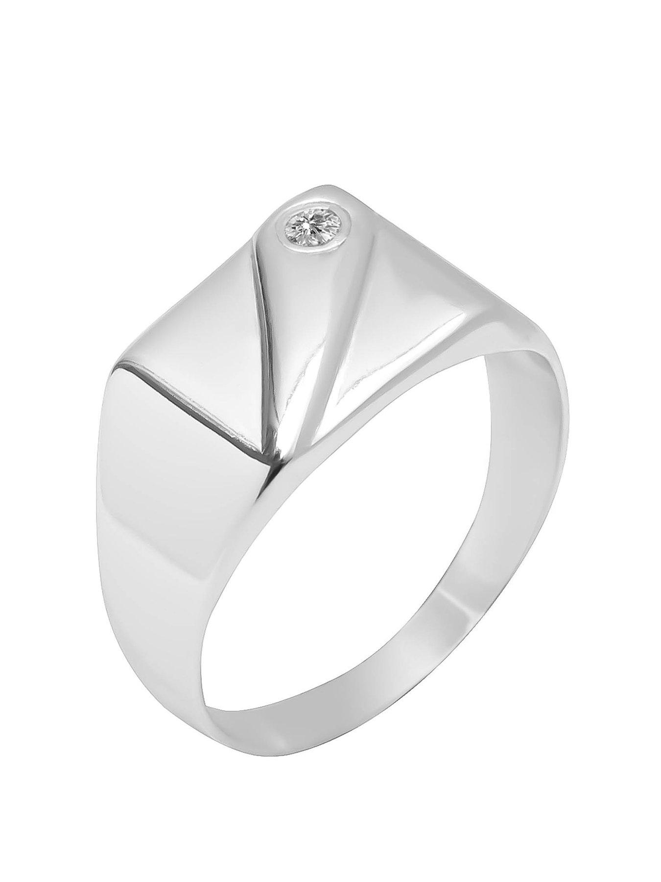The Love Collection Sterling Silver Rectangle Signet Ring with CZ Detailing