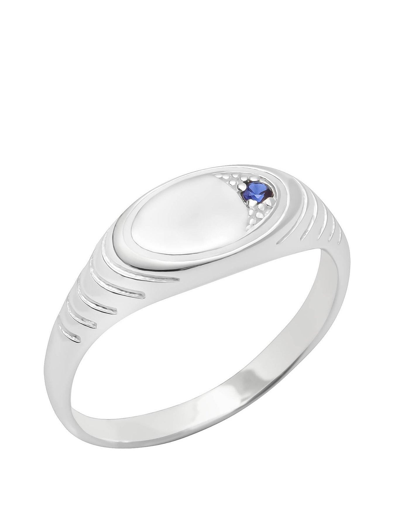 undefined Sterling Silver Ribbed Signet Ring with CZ Stone