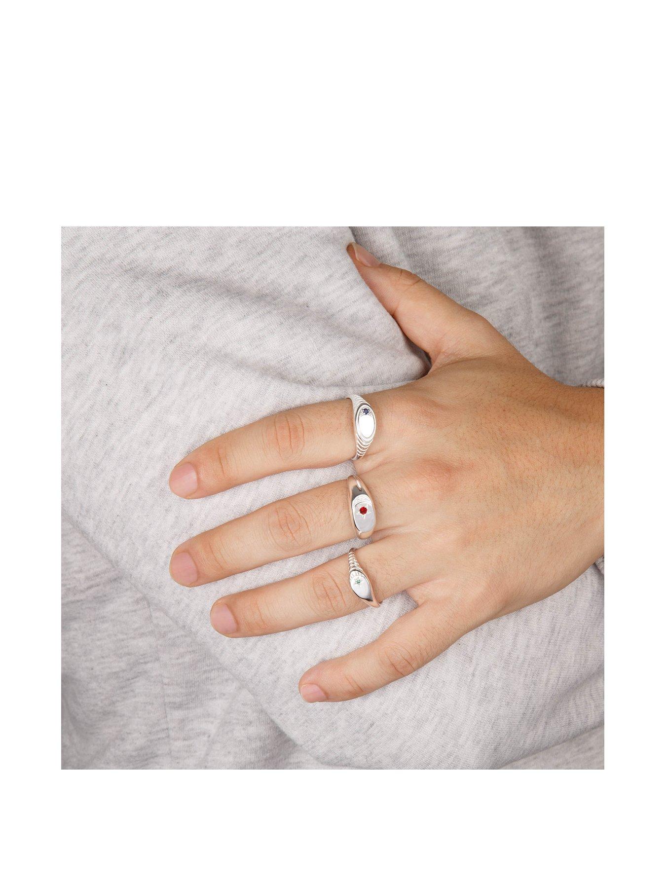 Image 2 of 4 of The Love Collection Sterling Silver Ribbed Signet Ring with CZ Stone