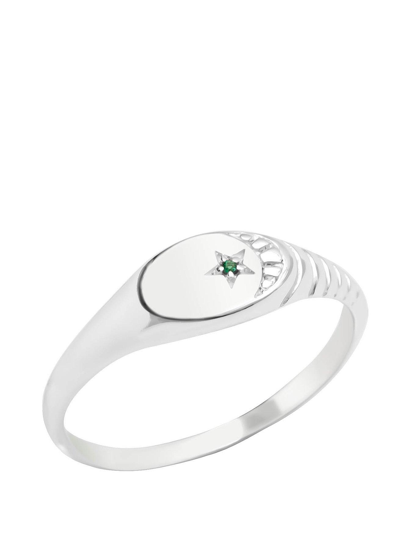 undefined Sterling Silver Ribbed Signet Ring with CZ Stone and Moon Detail
