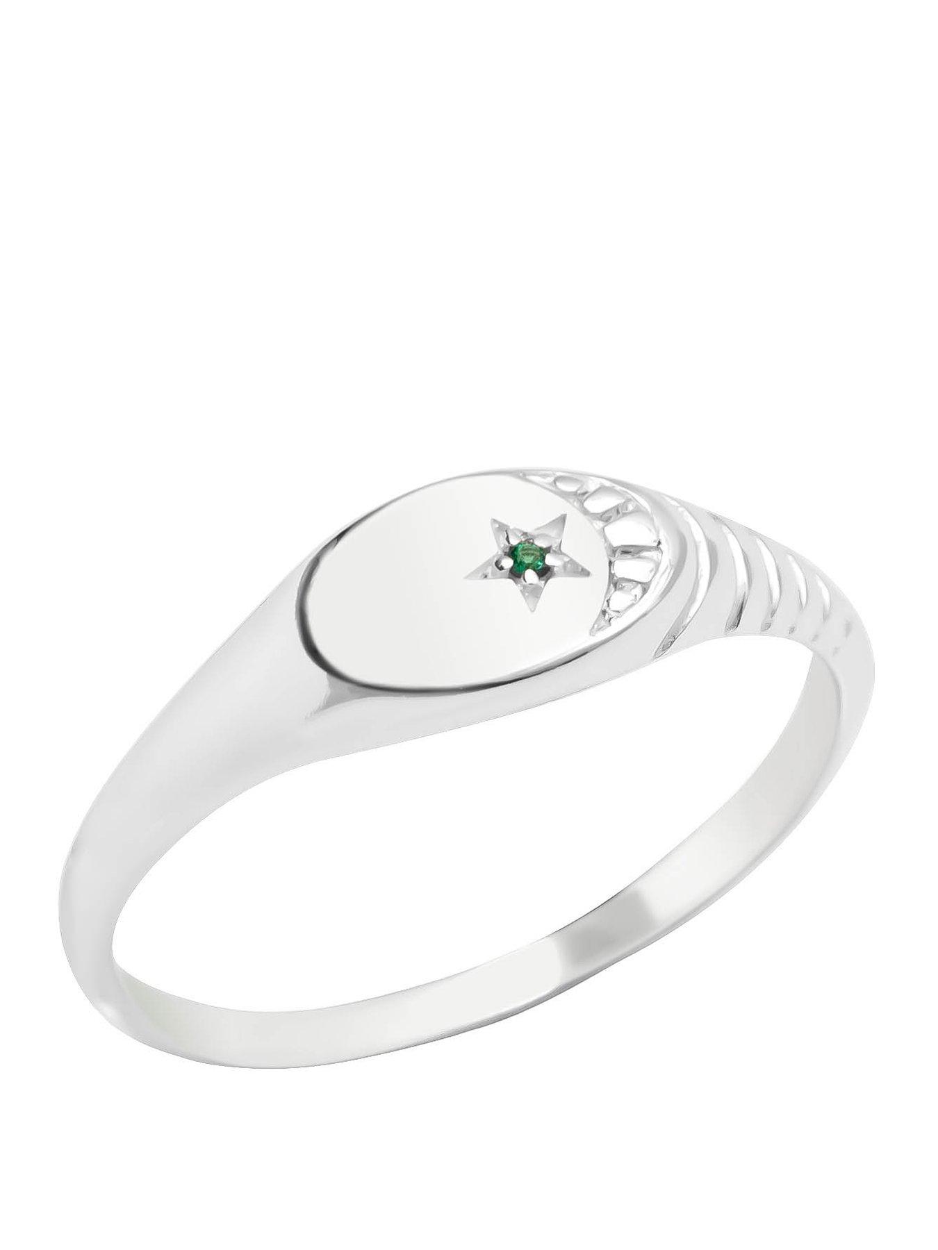 The Love Collection Sterling Silver Ribbed Signet Ring with CZ Stone and Moon Detail