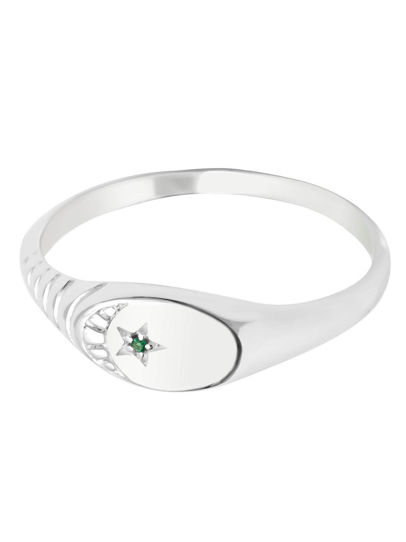 Image 2 of 4 of The Love Collection Sterling Silver Ribbed Signet Ring with CZ Stone and Moon Detail