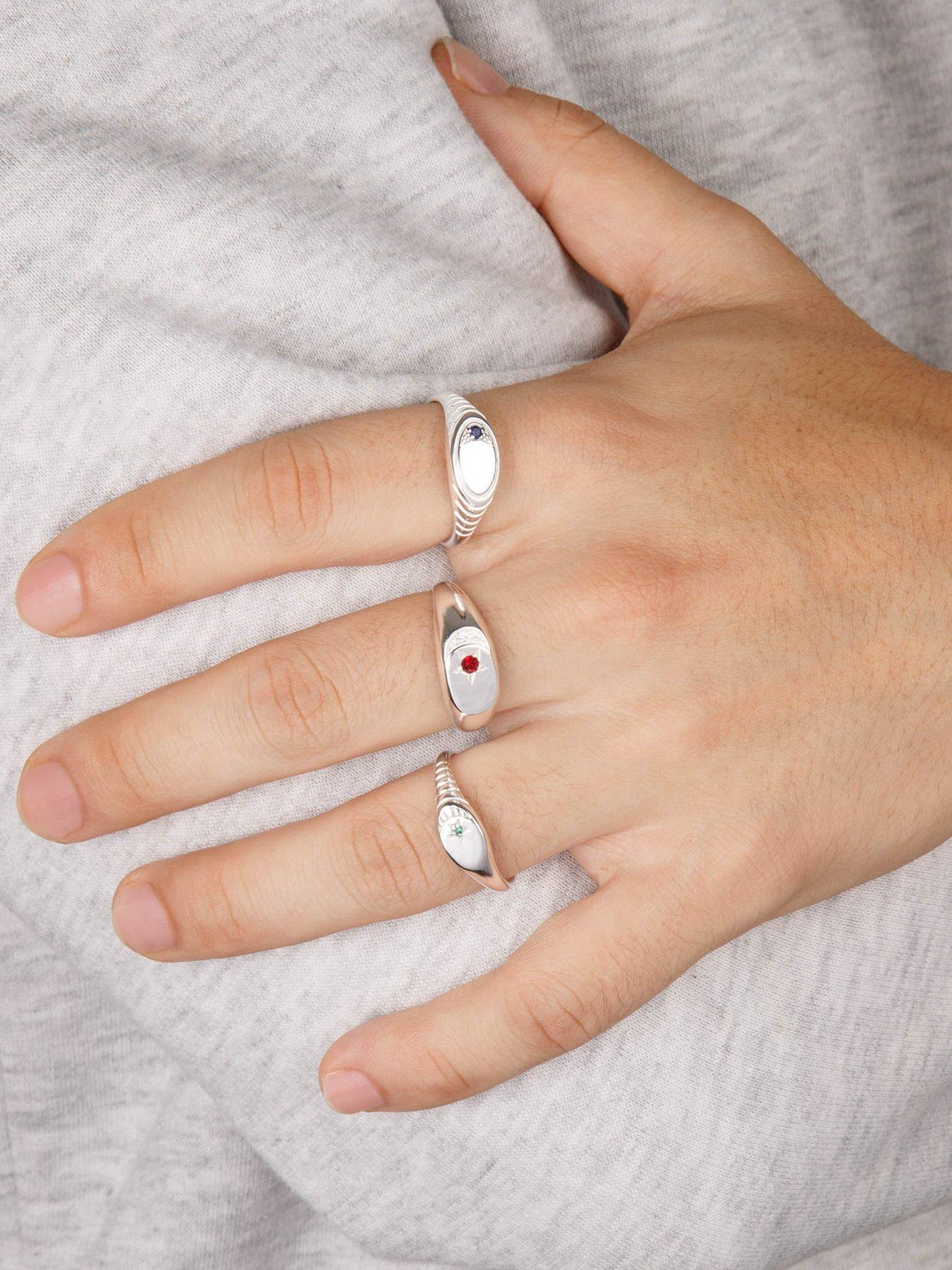 Image 3 of 4 of The Love Collection Sterling Silver Ribbed Signet Ring with CZ Stone and Moon Detail