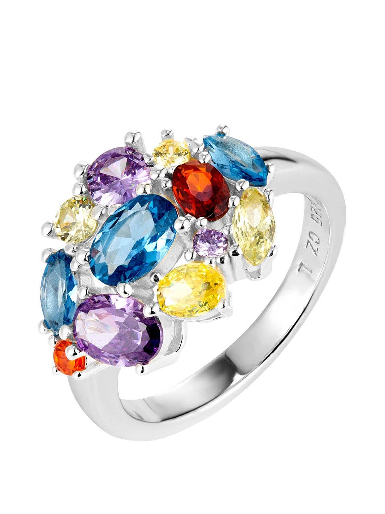 Product photograph of The Love Silver Collection Sterling Silver Multicoloured Stones Chunky Statement Ring from very.co.uk