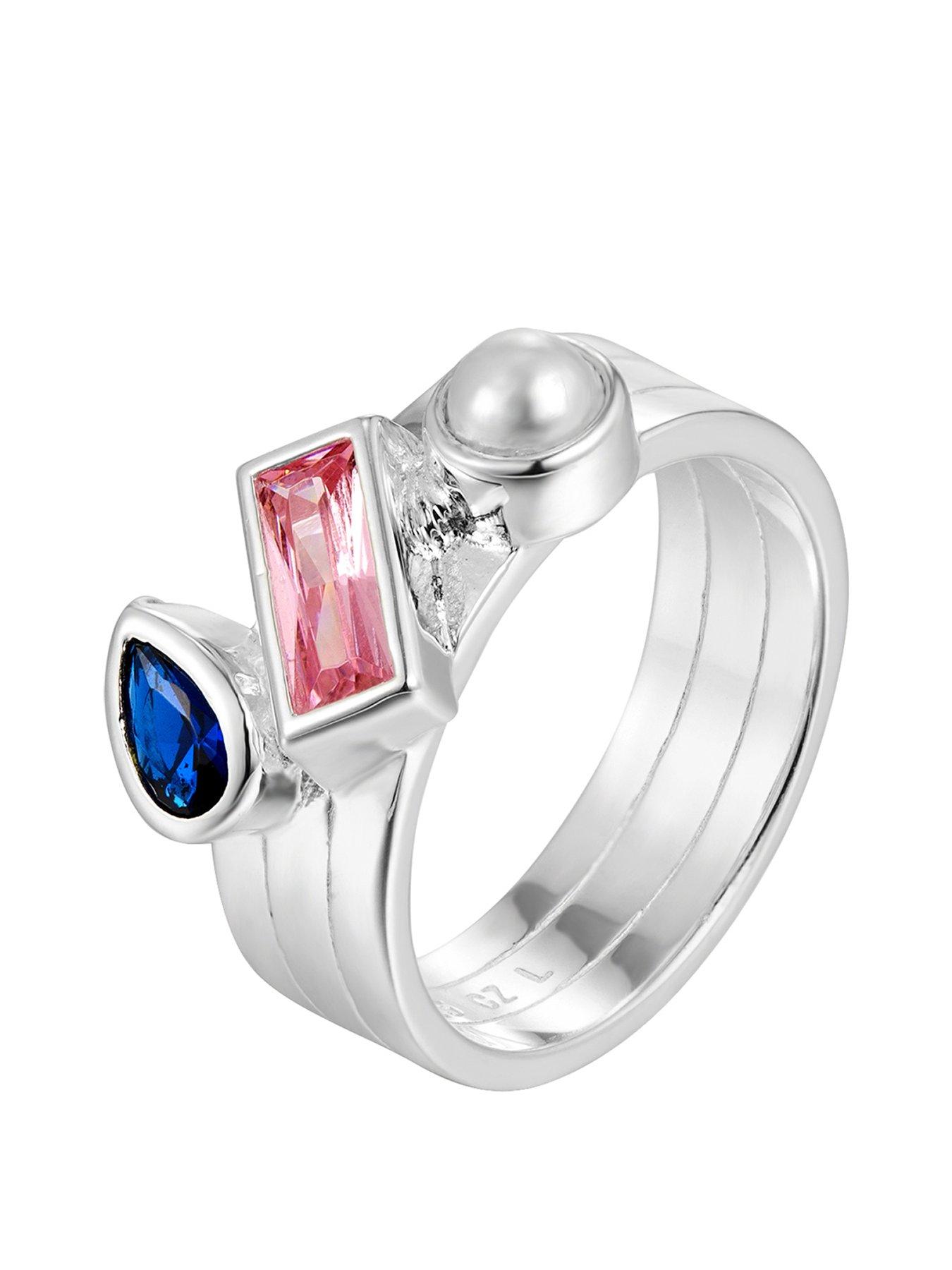 Product photograph of The Love Collection Sterling Silver London Blue Aquamarine And Pearl Stacked Style Ring from very.co.uk