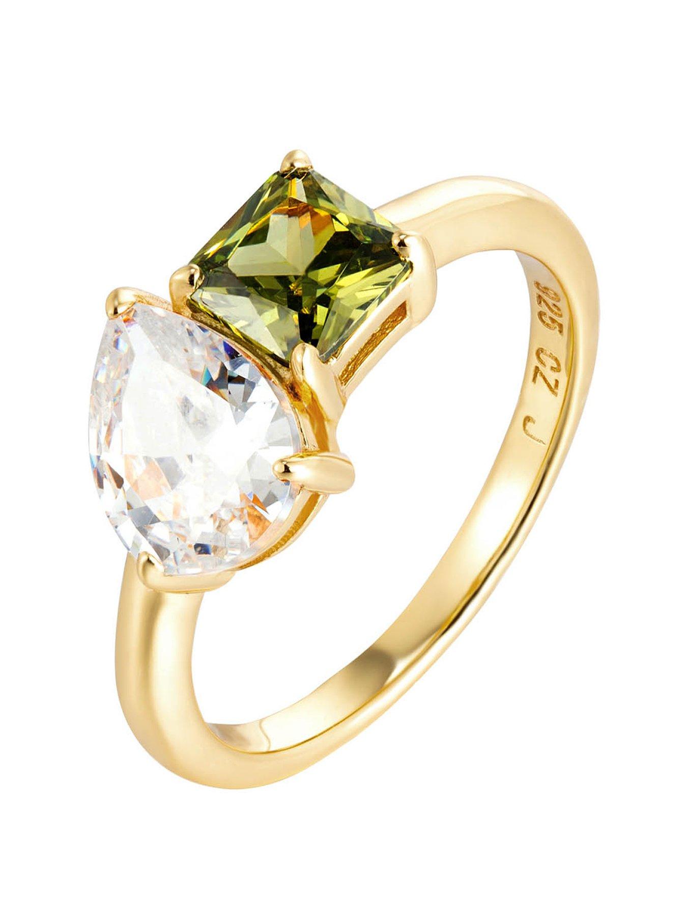 Product photograph of The Love Silver Collection 18ct Gold Plated Sterling Silver White And Peridot Toi Et Moi Cz Ring from very.co.uk