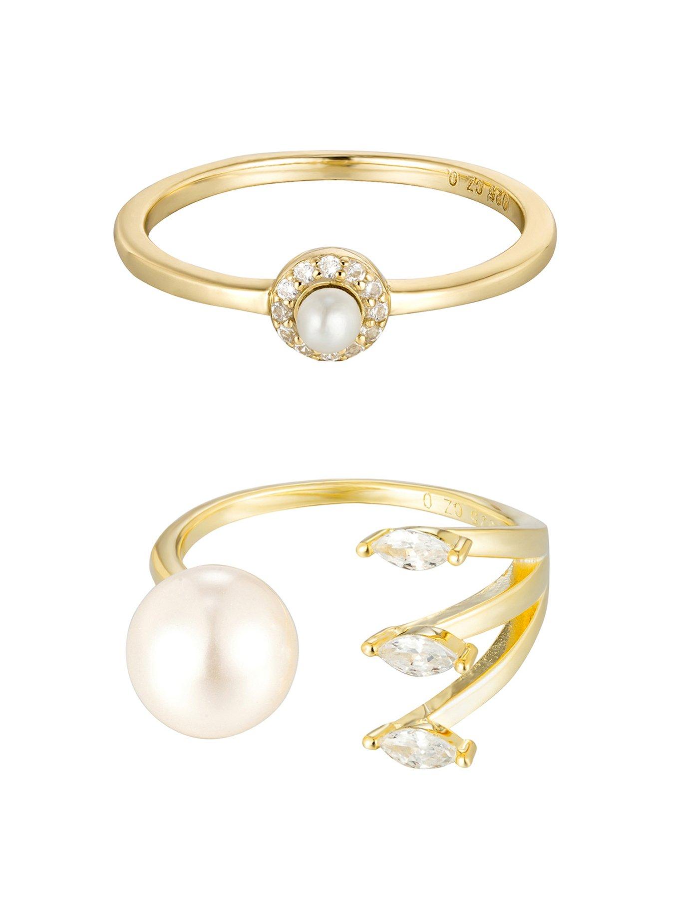 Product photograph of The Love Collection 18ct Gold Plated Sterling Silver Pearl And Cz Stacking Ring Set from very.co.uk