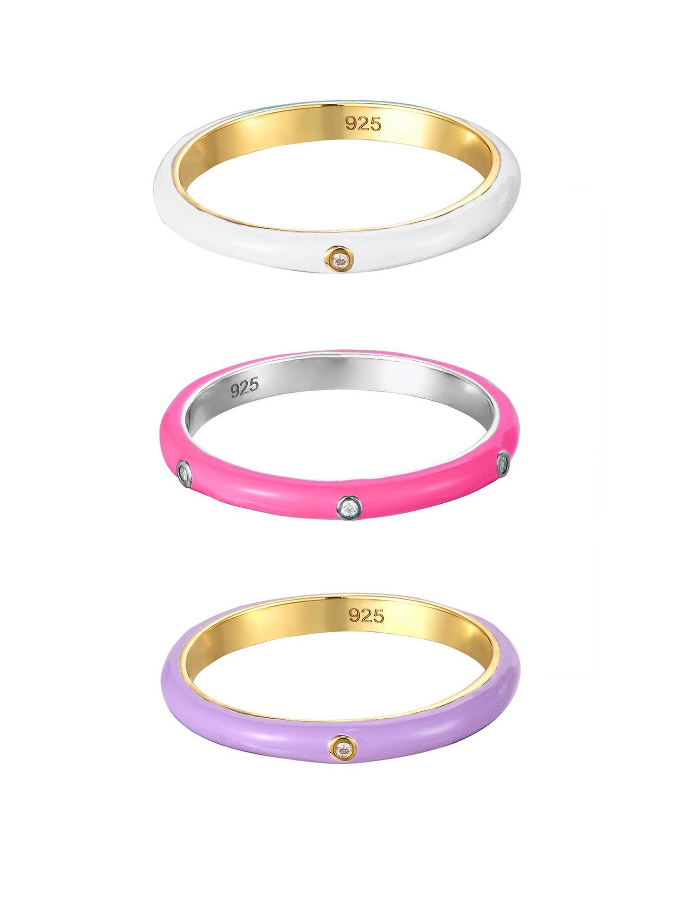 The Love Collection 18ct Gold Plated Sterling Silver Enamel CZ Pastel Ring Stacking Set