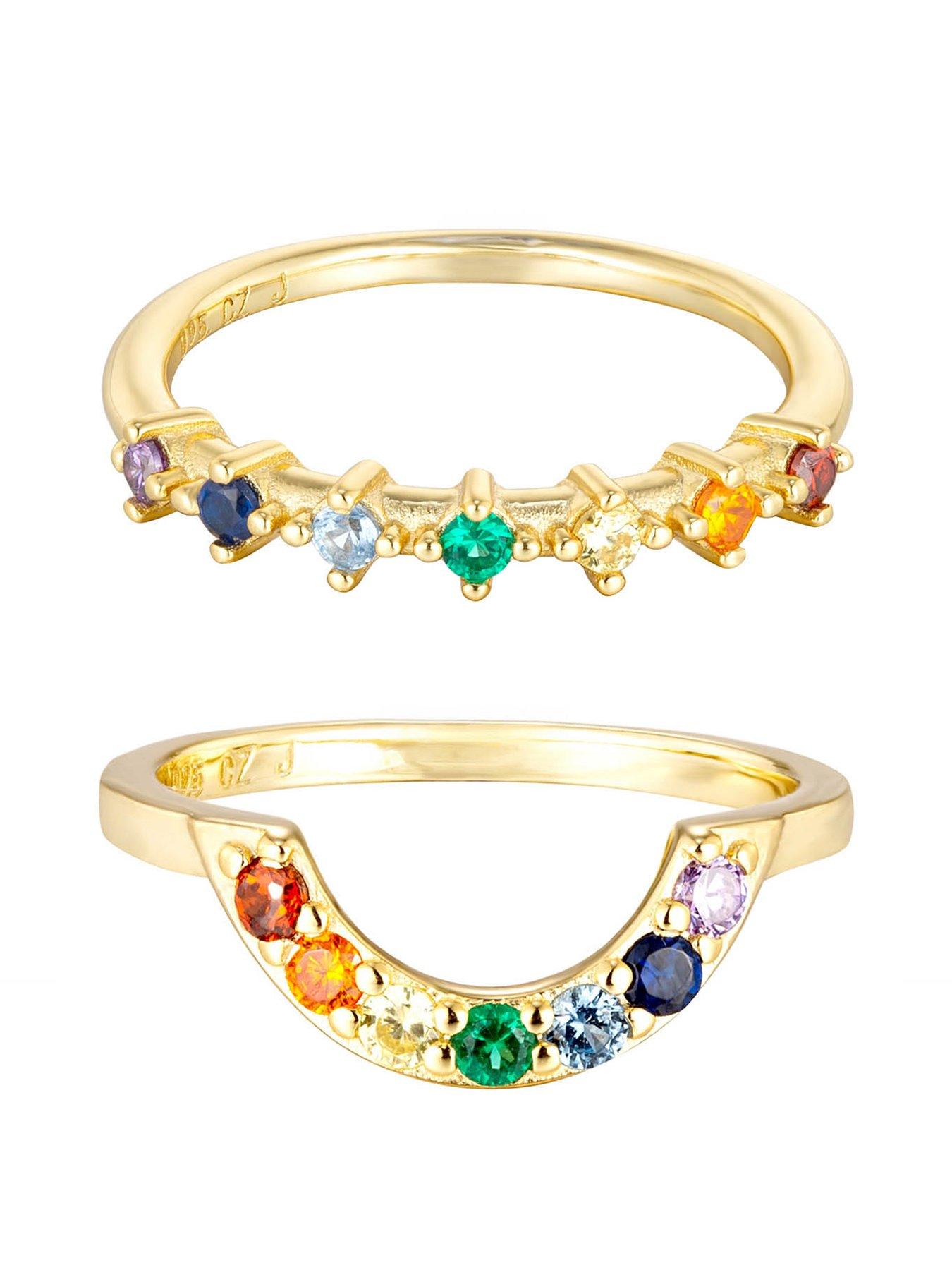 Product photograph of The Love Silver Collection 18ct Gold Plated Sterling Silver Set Of 2 Rainbow Cz Rings from very.co.uk