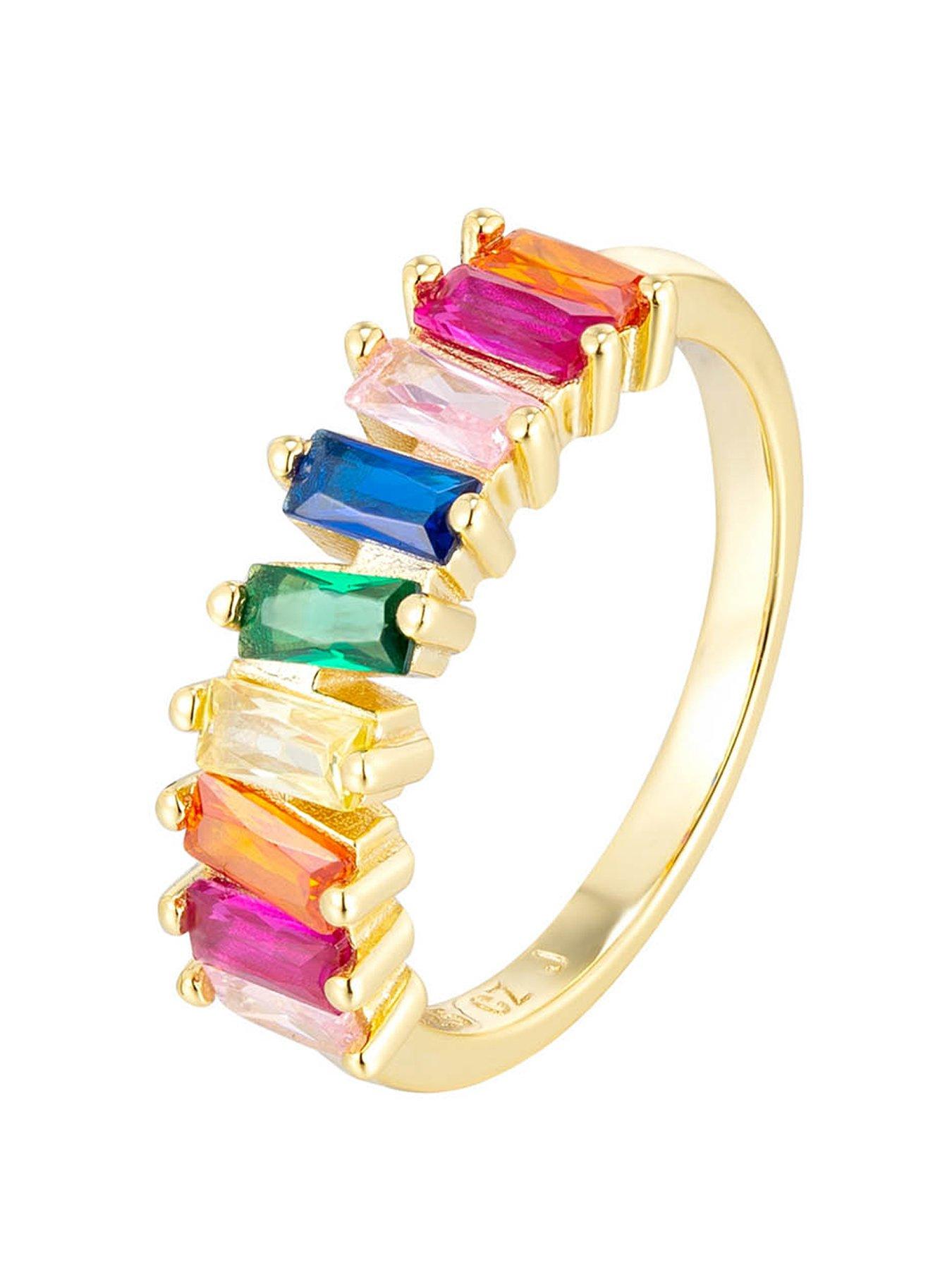 Product photograph of The Love Silver Collection 18ct Gold Plated Sterling Silver Baguette Multicoloured Cz Stones Ring from very.co.uk