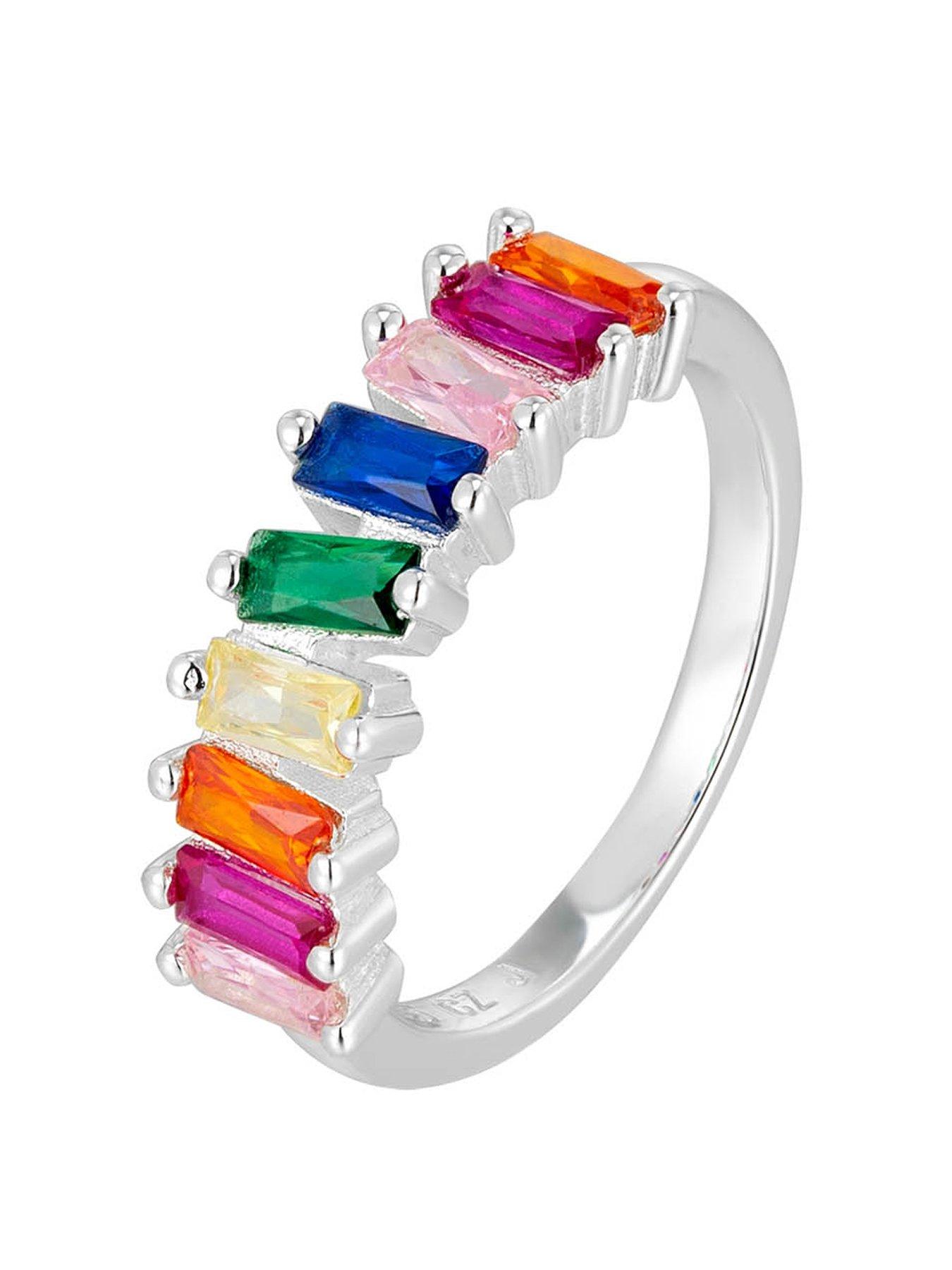 Product photograph of The Love Silver Collection Sterling Silver Baguette Multicoloured Cz Stones Ring from very.co.uk