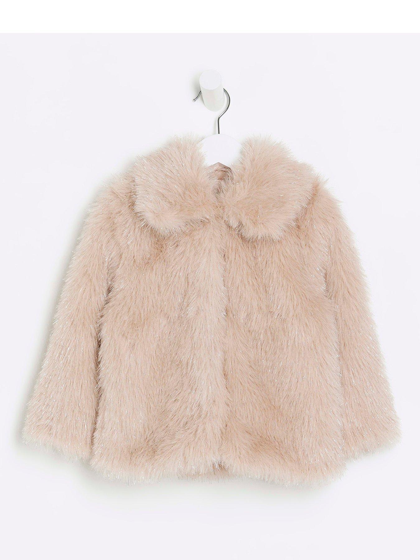 Mini girls pink tinsel faux fur coat