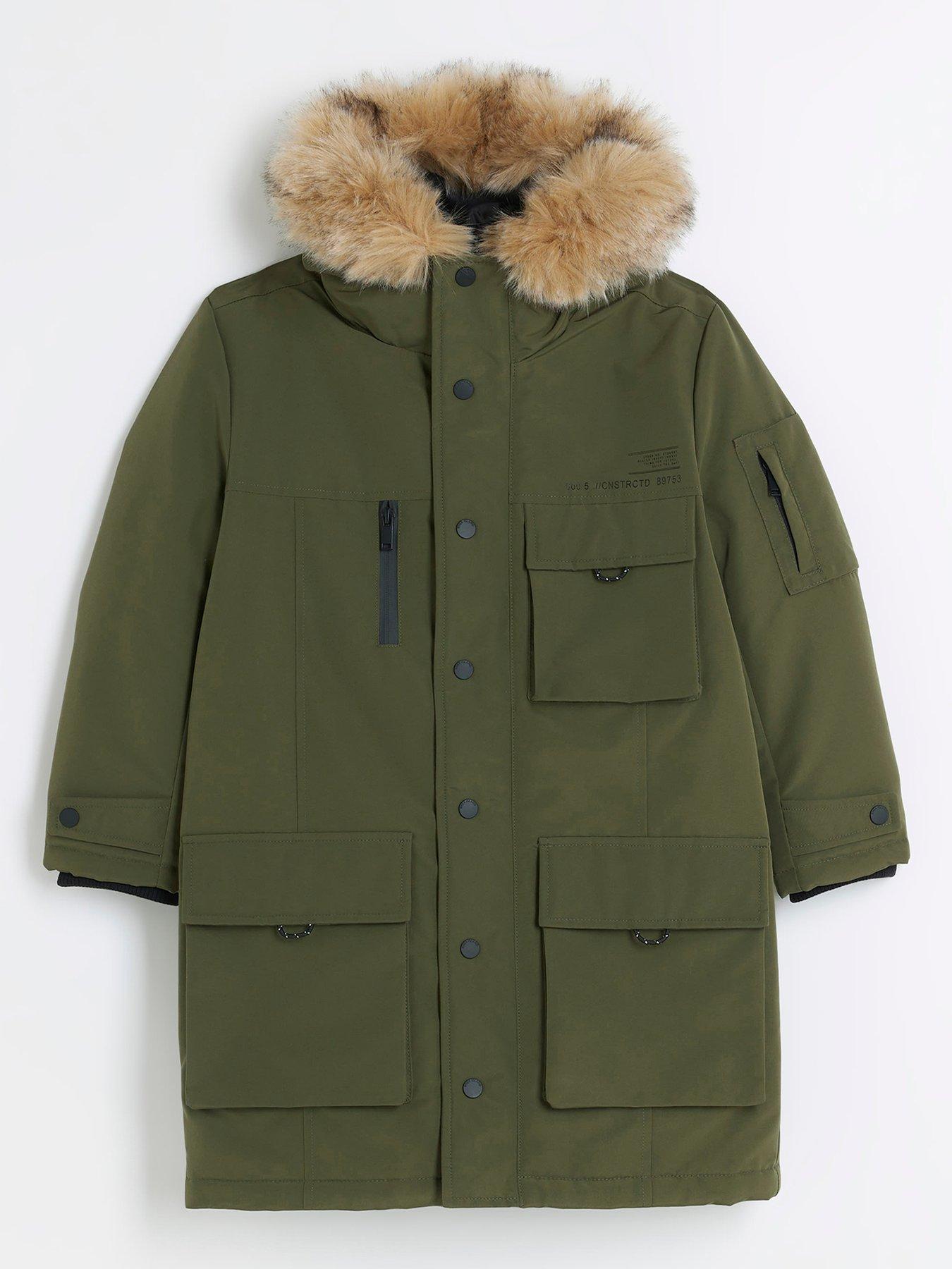 River Island Boys Faux Fur Trim Hooded Parka Coat - Khaki | Very.co.uk