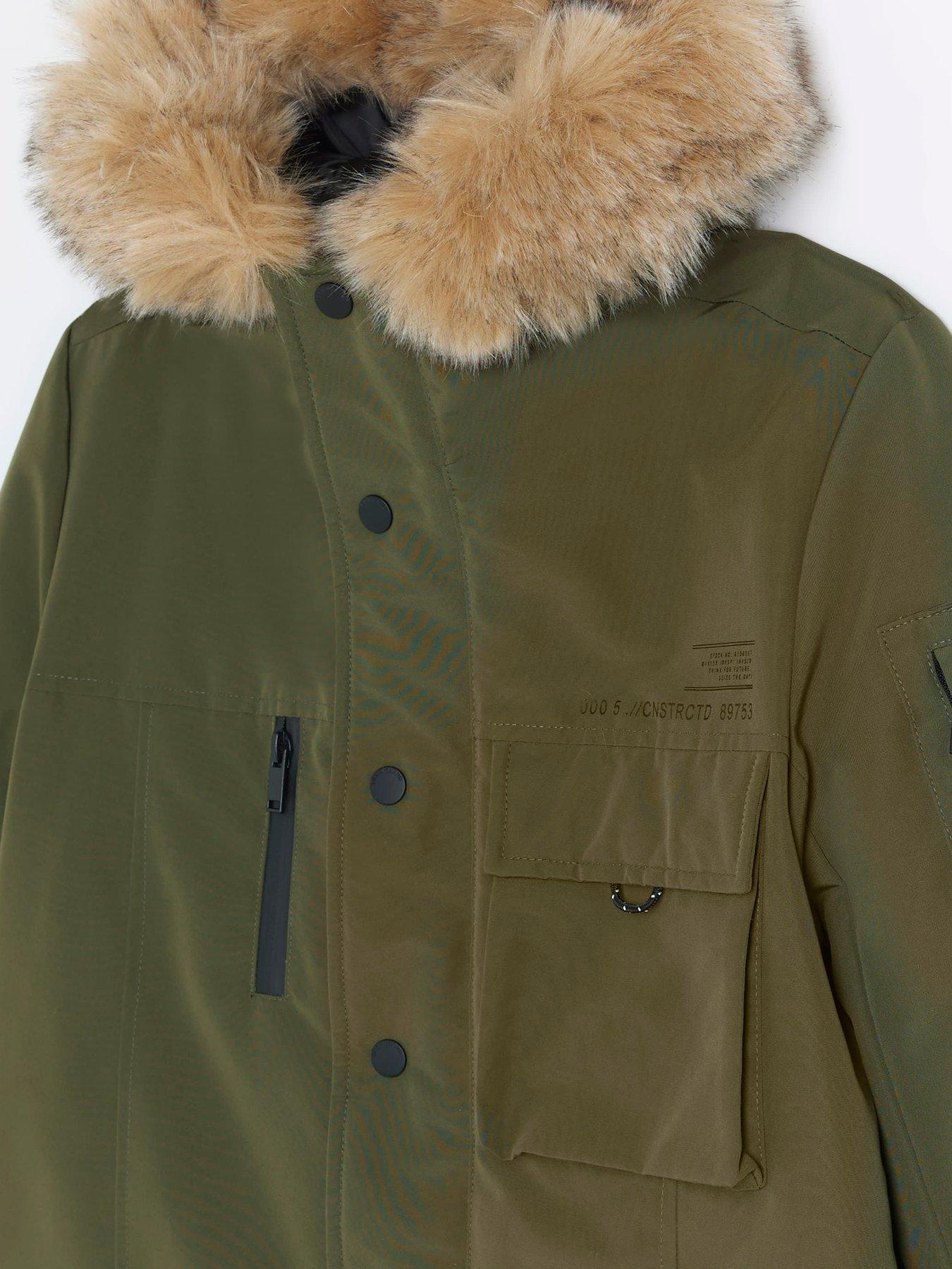 River Island Parka Jacket With Faux Fur Lining In Khaki in Green