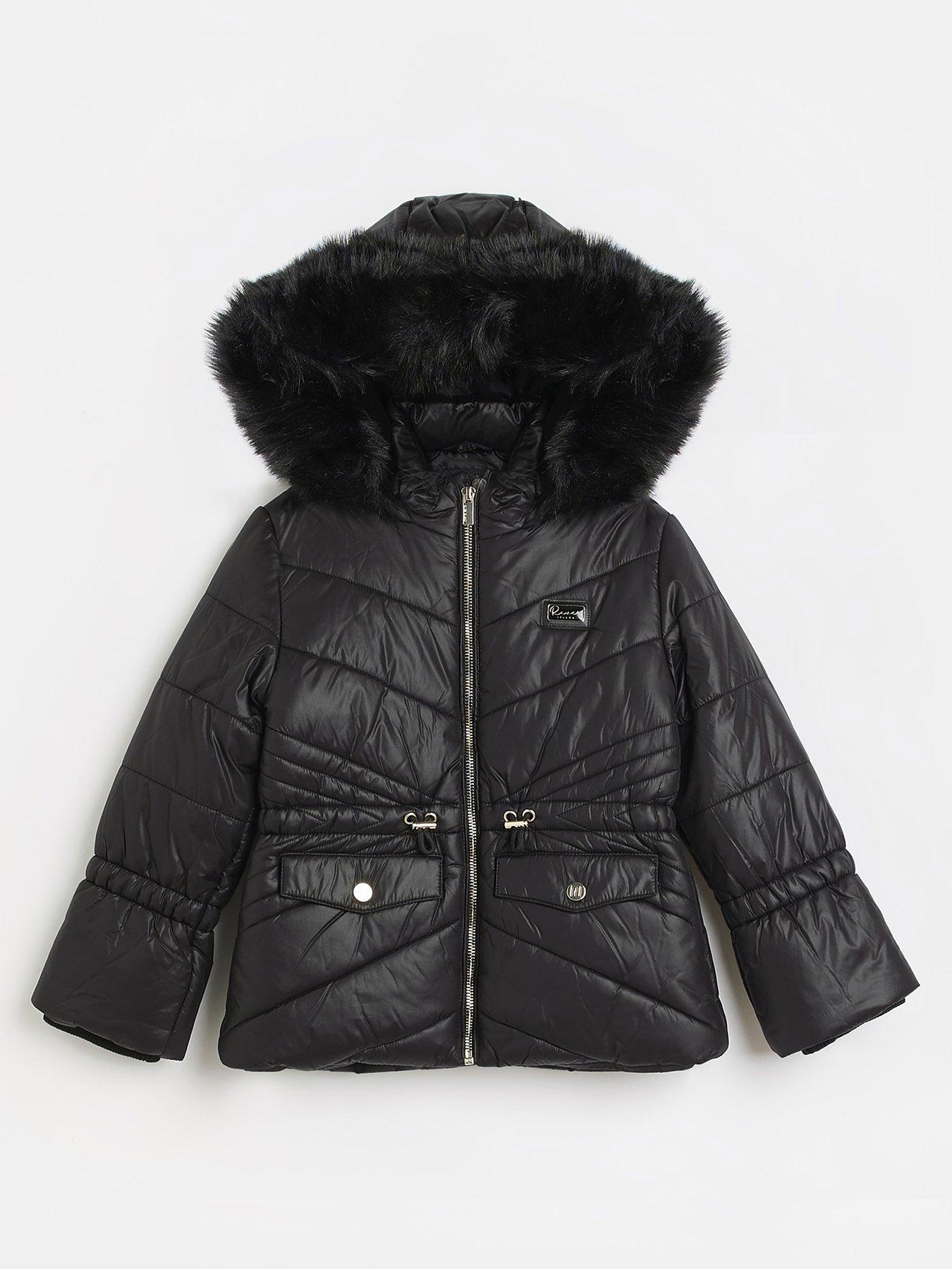 River Island Girls Hooded Puffer Coat - Black | very.co.uk