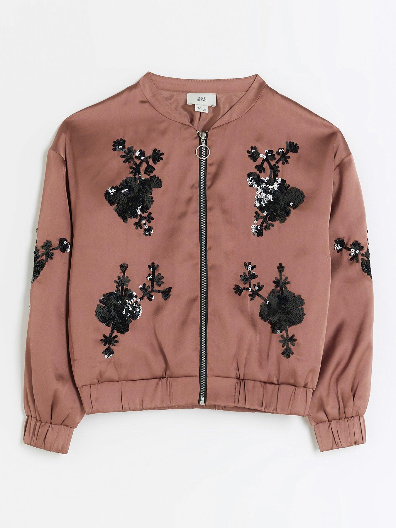 River Island Girls Floral Sequin Bomber Jacket - Pink