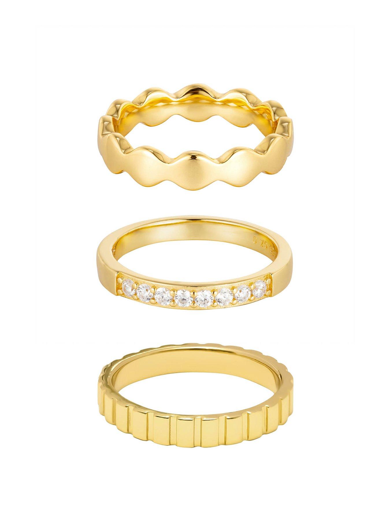 undefined 18ct Gold Plated Sterling Silver Set of Three Bobble, CZ and Ribbed Rings