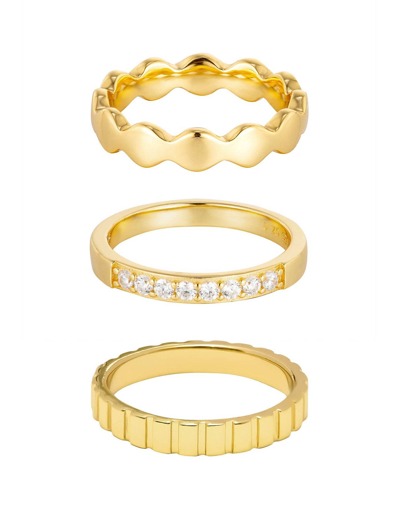 The Love Collection 18ct Gold Plated Sterling Silver Set of Three Bobble, CZ and Ribbed Rings