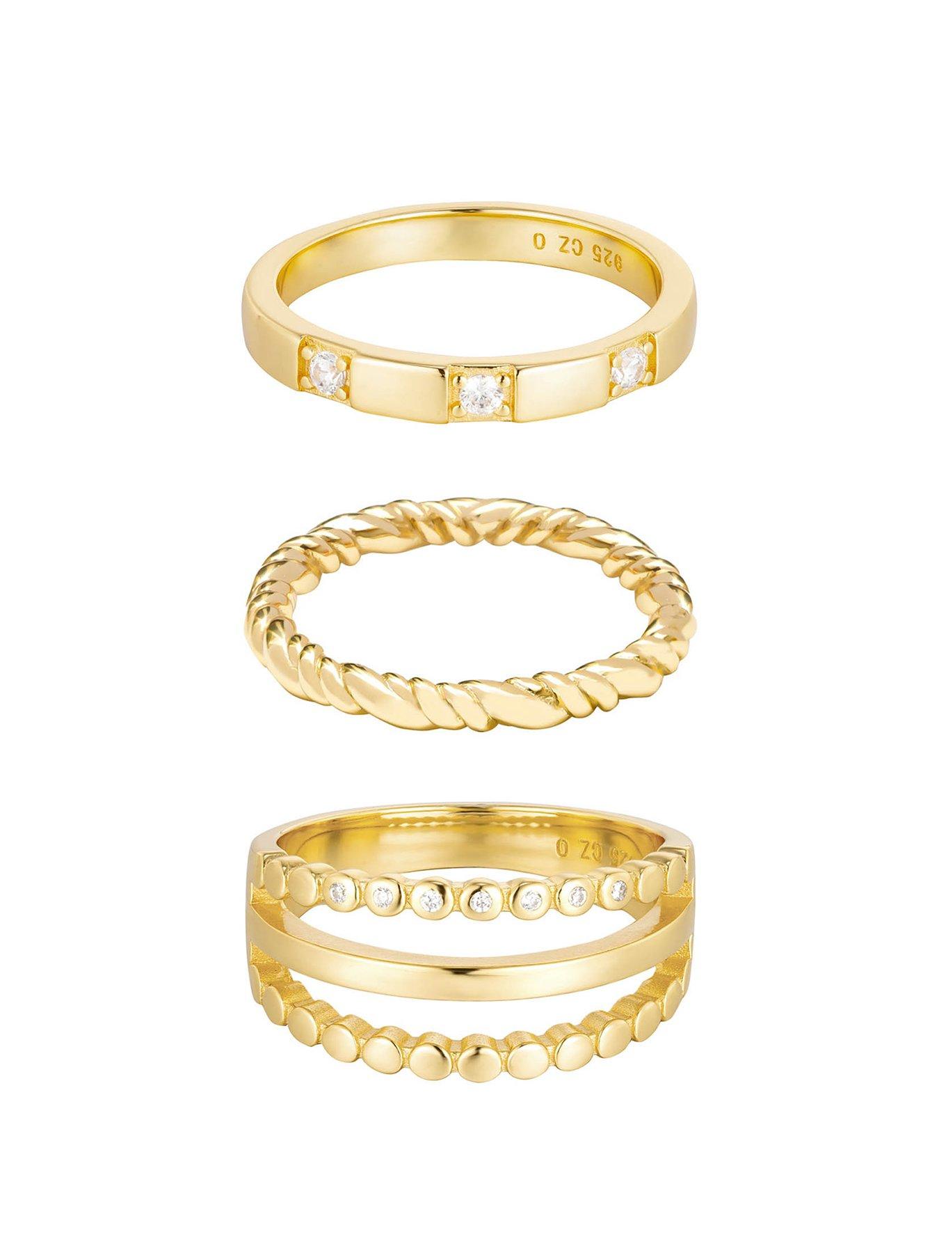 undefined 18ct Gold Plated Sterling Silver Set of Three Rope and CZ Stacking Rings
