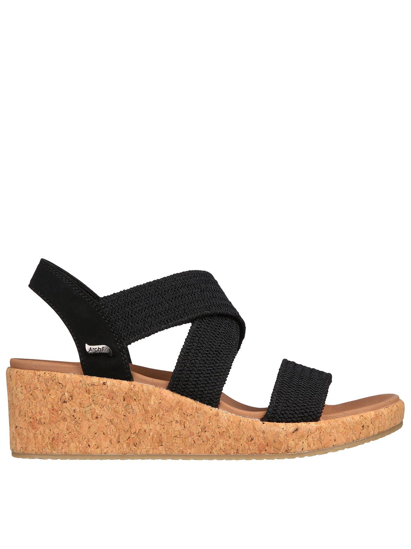 Skechers Arch Fit Beverlee Stretch Raffia Cross Band Sling Back Wedge Sandal Navy Texture Very