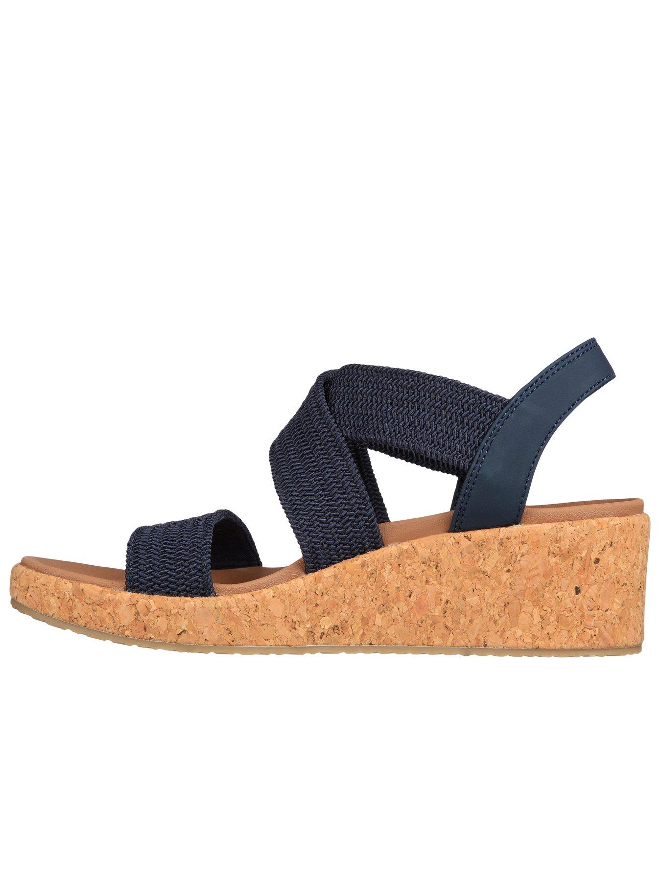 Skechers Arch Fit Beverlee Stretch Raffia Cross Band Sling Back Wedge Sandal Navy Texture Very