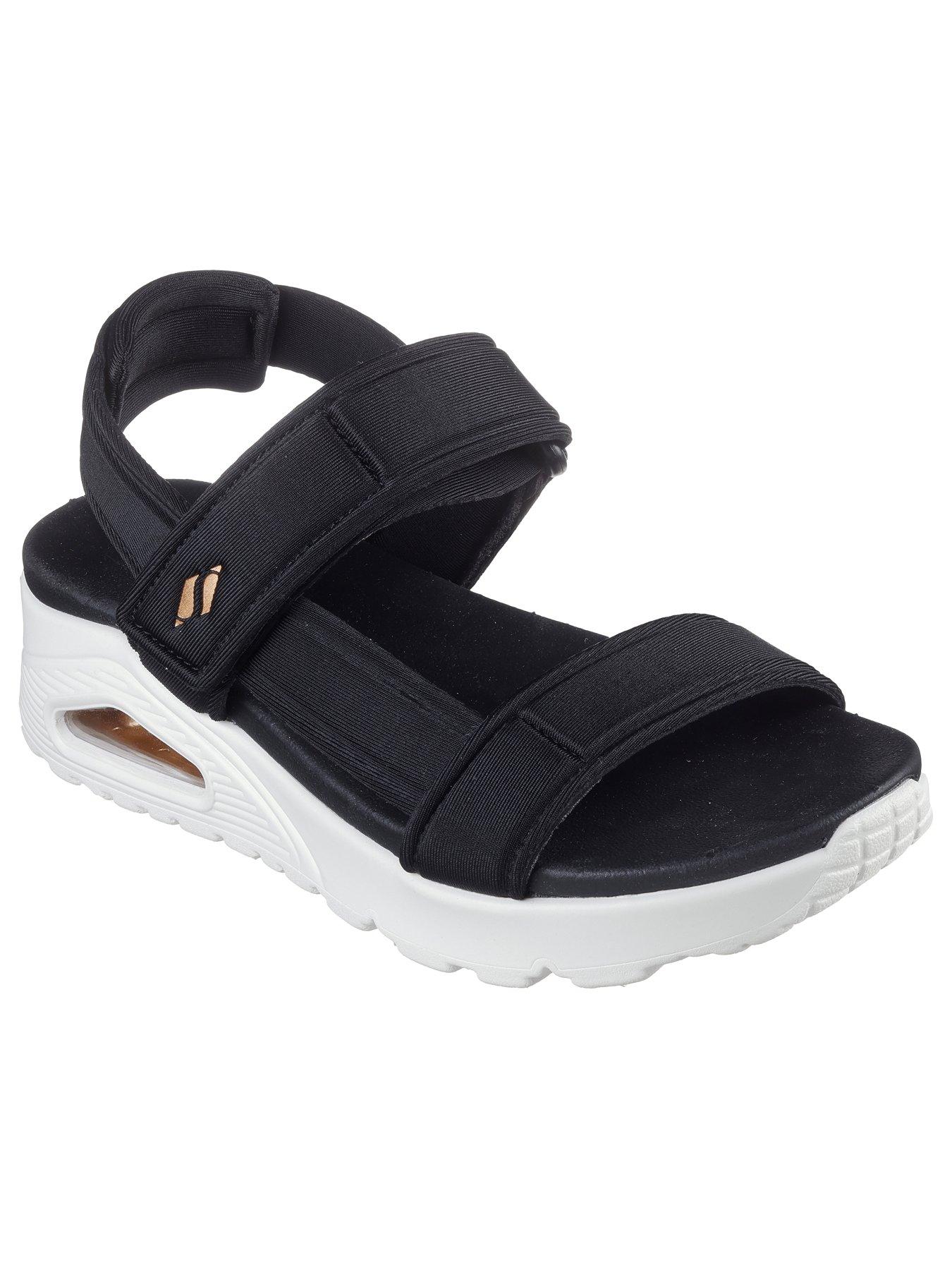 Skechers Uno T strap Debossed Adjustable Sling Back Sandals Black Very