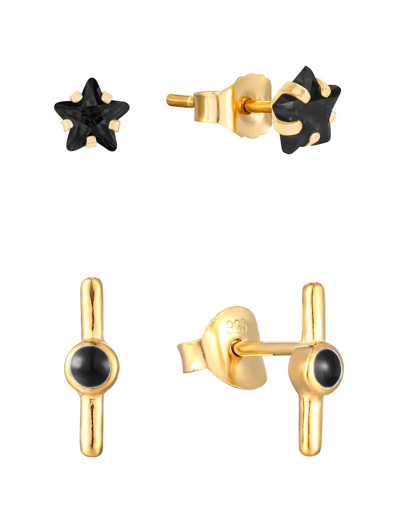 Product photograph of The Love Silver Collection Set Of Two 18ct Gold Plated Sterling Silver Black Enamel Bar Stud Amp Cz Black Star Stud from very.co.uk