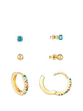 the love silver collection set of three 18ct gold plated sterling silver multi cz huggie hoops & studs