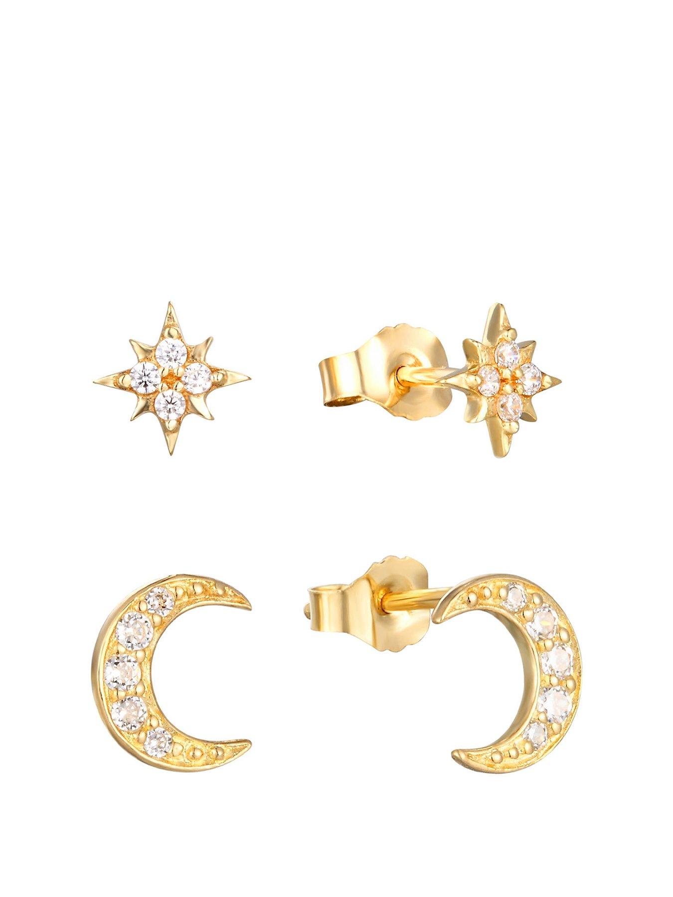 Product photograph of The Love Collection 9ct Gold Set Of Two Star And Moon Stud Stacking Earrings from very.co.uk