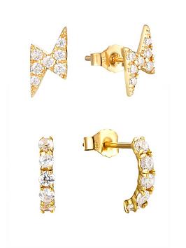 love gold 9ct gold set of two cz lighting bolt and half hoop stacking earrings