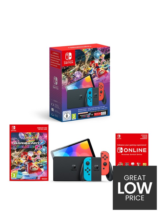 front image of nintendo-switch-oled-oled-console-neon-blueneon-red-mario-kart-8-deluxe-bundle-3-months-nintendo-switch-online