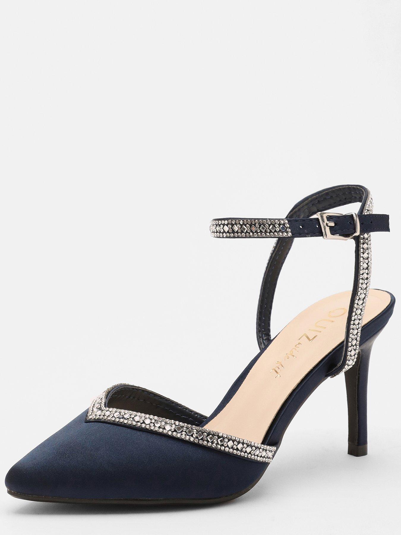 Quiz Wide Fit Navy Satin Diamante Trim Court Heels very