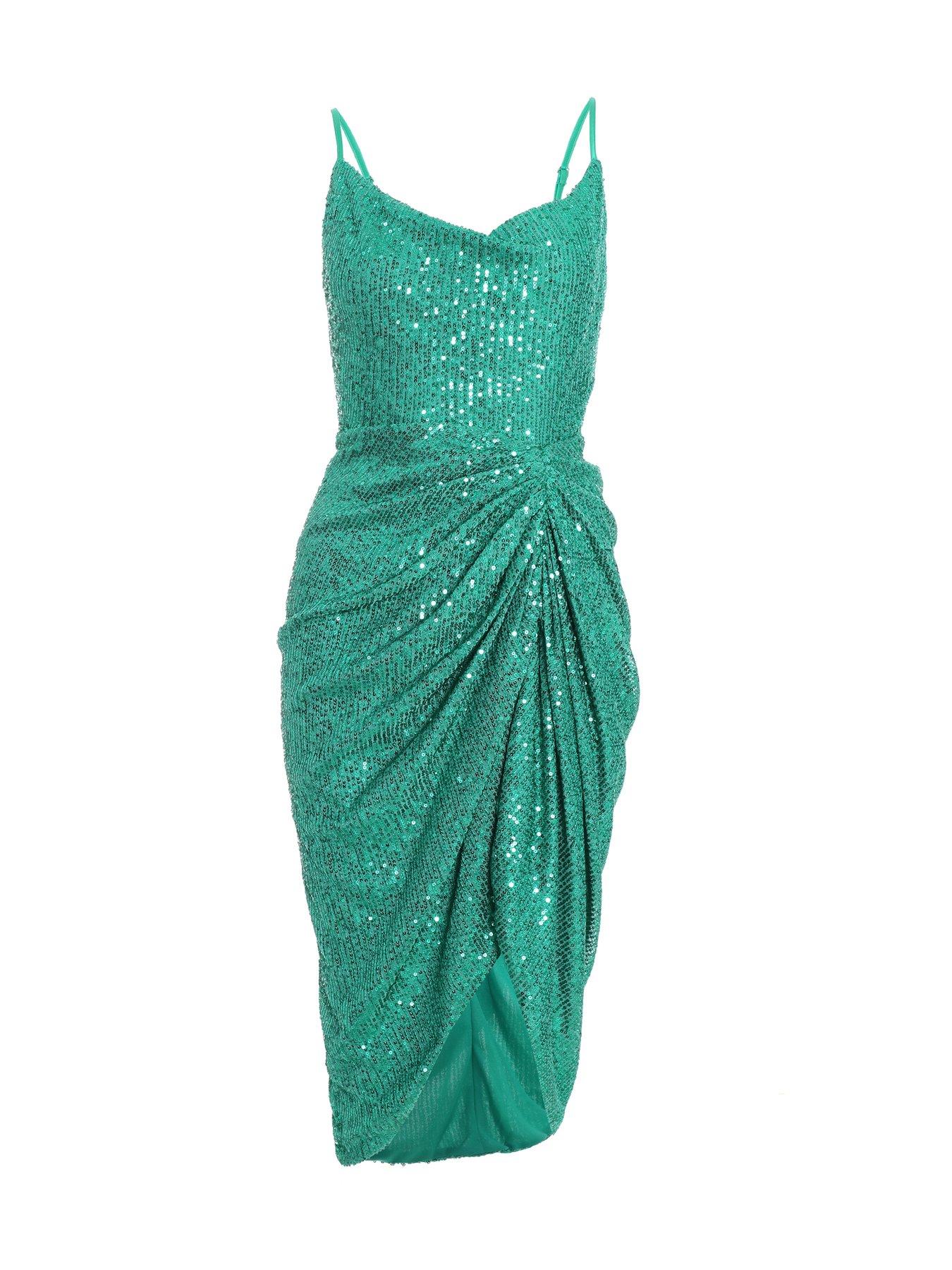 Image 4 of 6 of Quiz Petite Jade Green Sequin Ruched Midi Dress