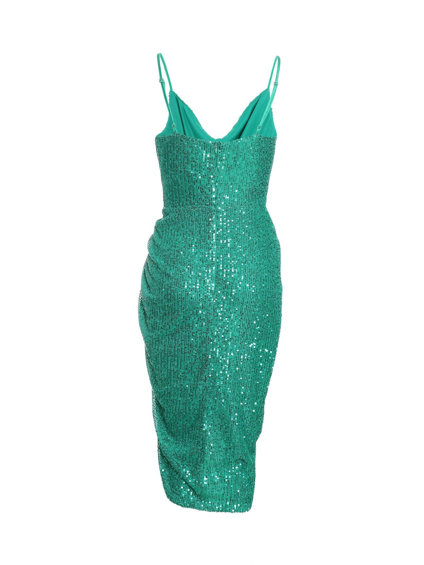 Image 5 of 6 of Quiz Petite Jade Green Sequin Ruched Midi Dress