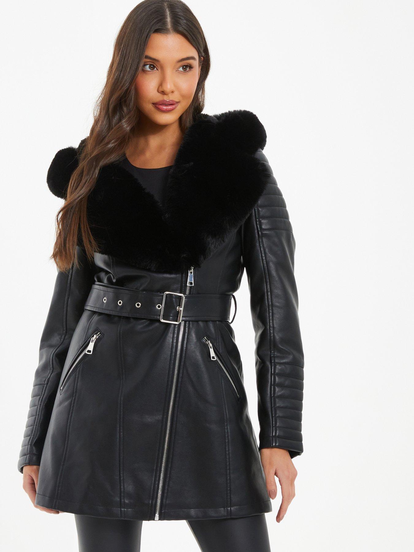 Quiz Black Faux Fur Trim Belted Jacket Very