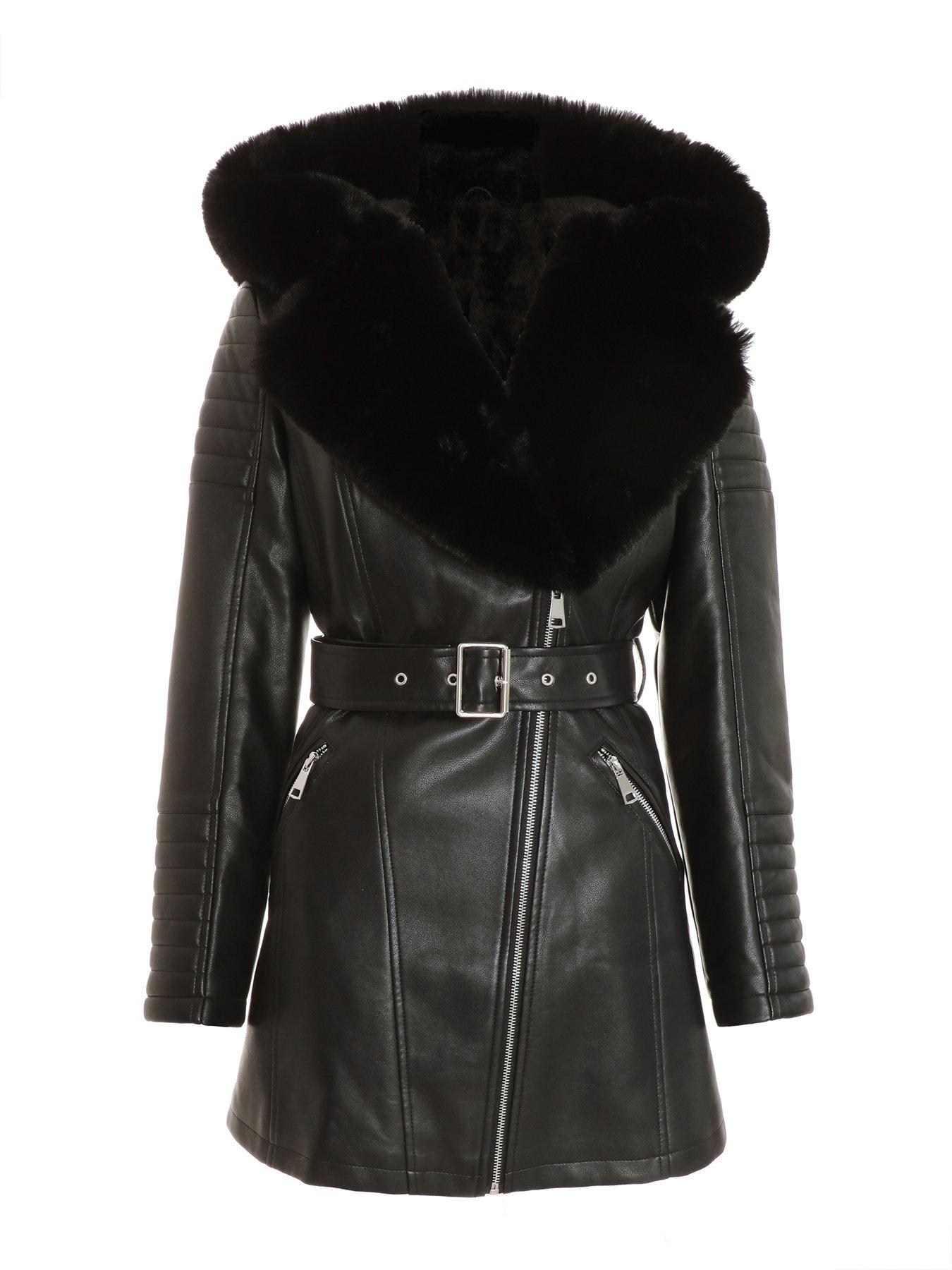 Image 4 of 6 of Quiz Black Faux Fur Trim Belted Jacket