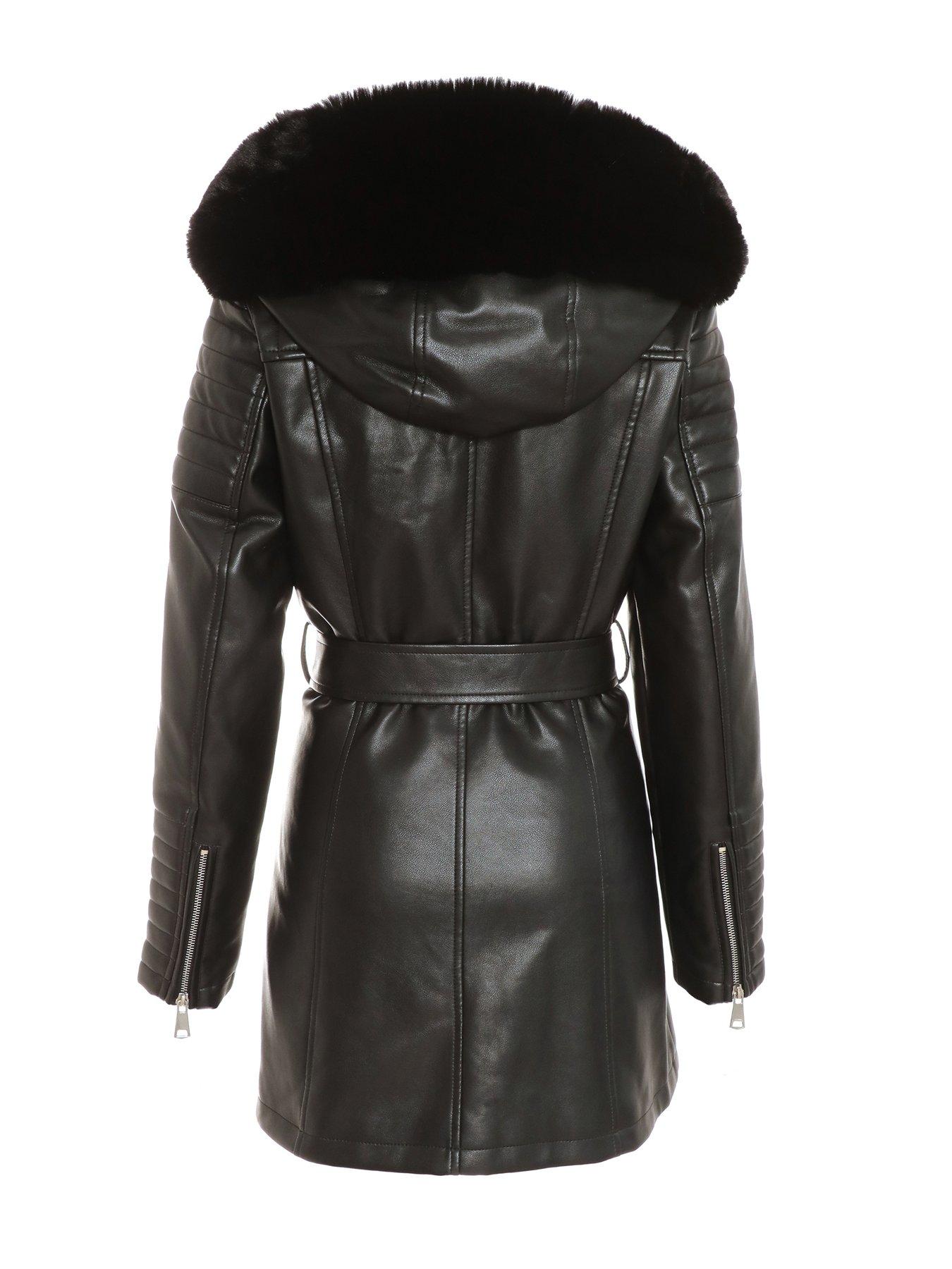 Quiz Black Faux Fur Trim Belted Jacket | Very.co.uk