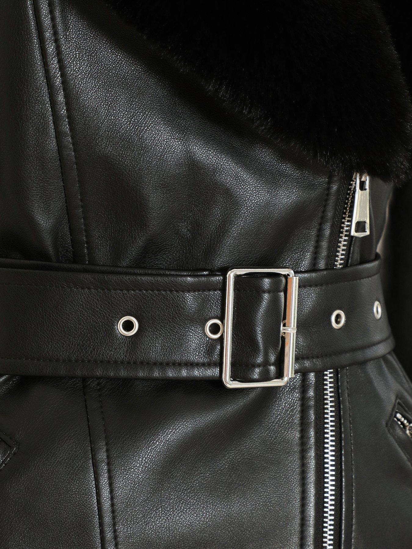 Image 6 of 6 of Quiz Black Faux Fur Trim Belted Jacket