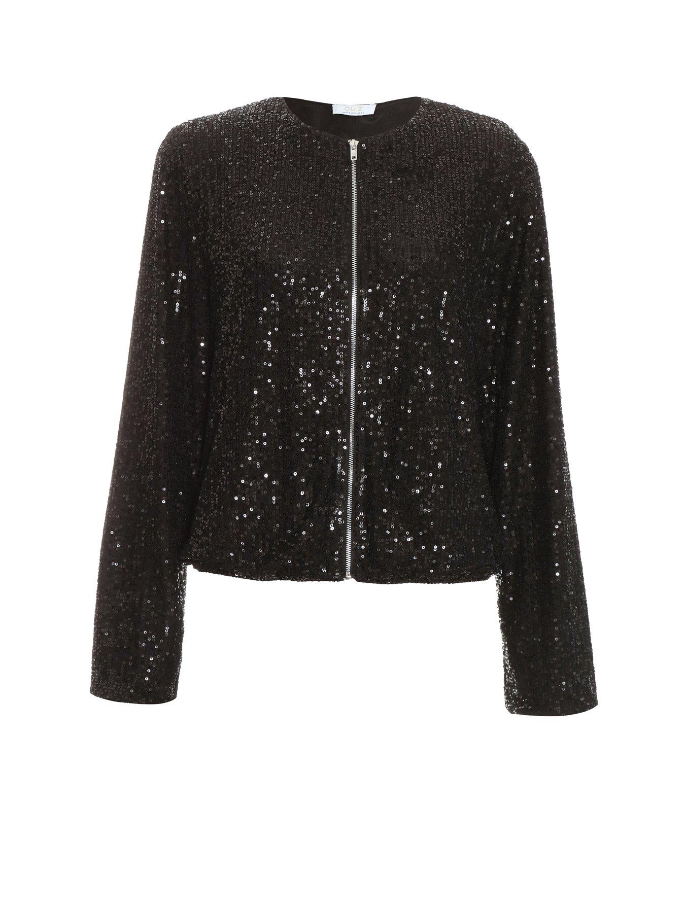 Quiz Black Sequin Bomber Jacket | Very.co.uk