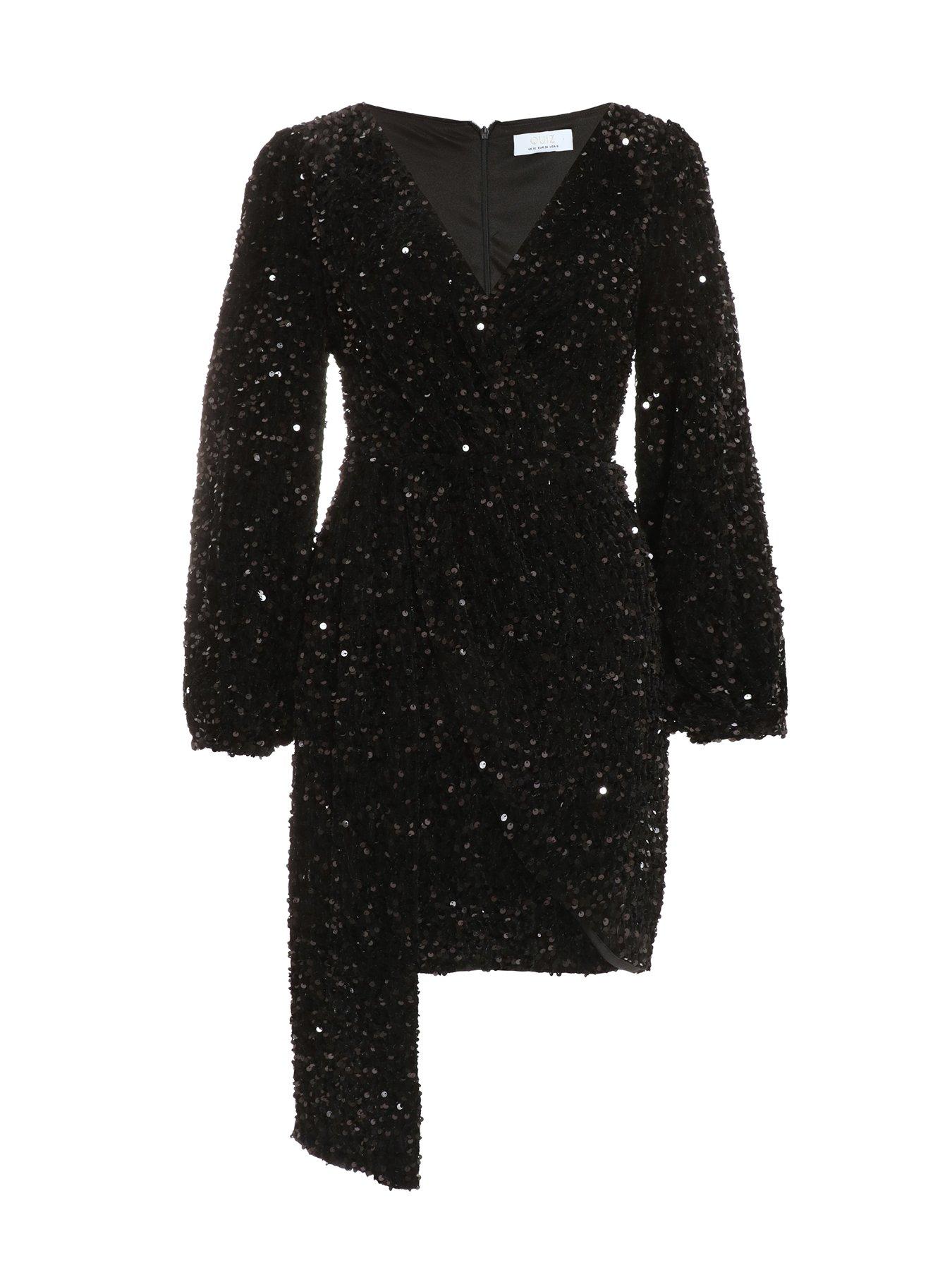 Quiz Sequin Long Sleeve Mini Dress Black Very