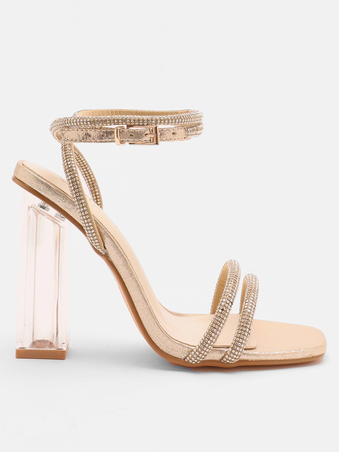 Image 3 of 6 of Quiz Wide Fit Gold Diamante Clear Heeled Sandals