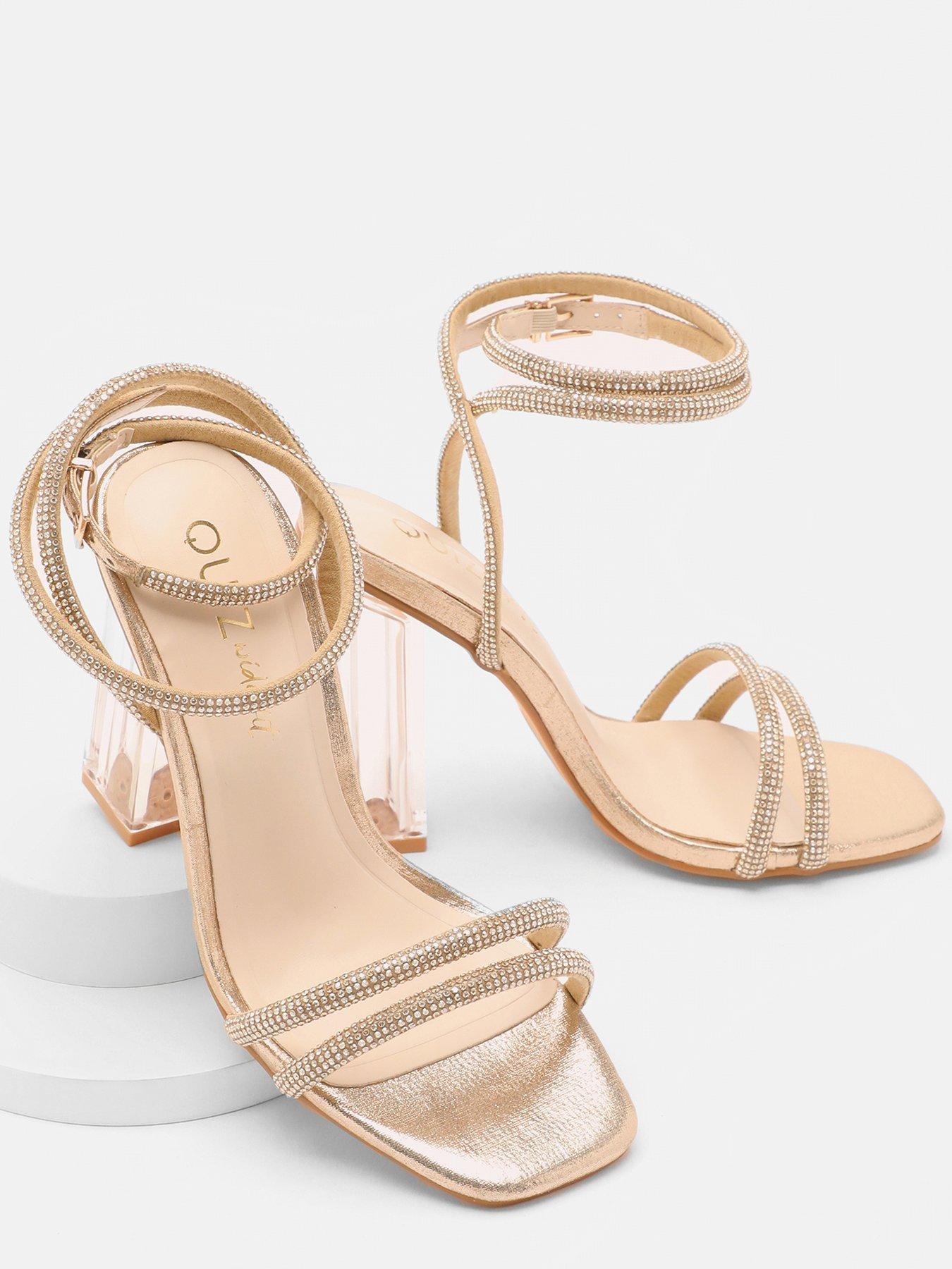 Image 4 of 6 of Quiz Wide Fit Gold Diamante Clear Heeled Sandals