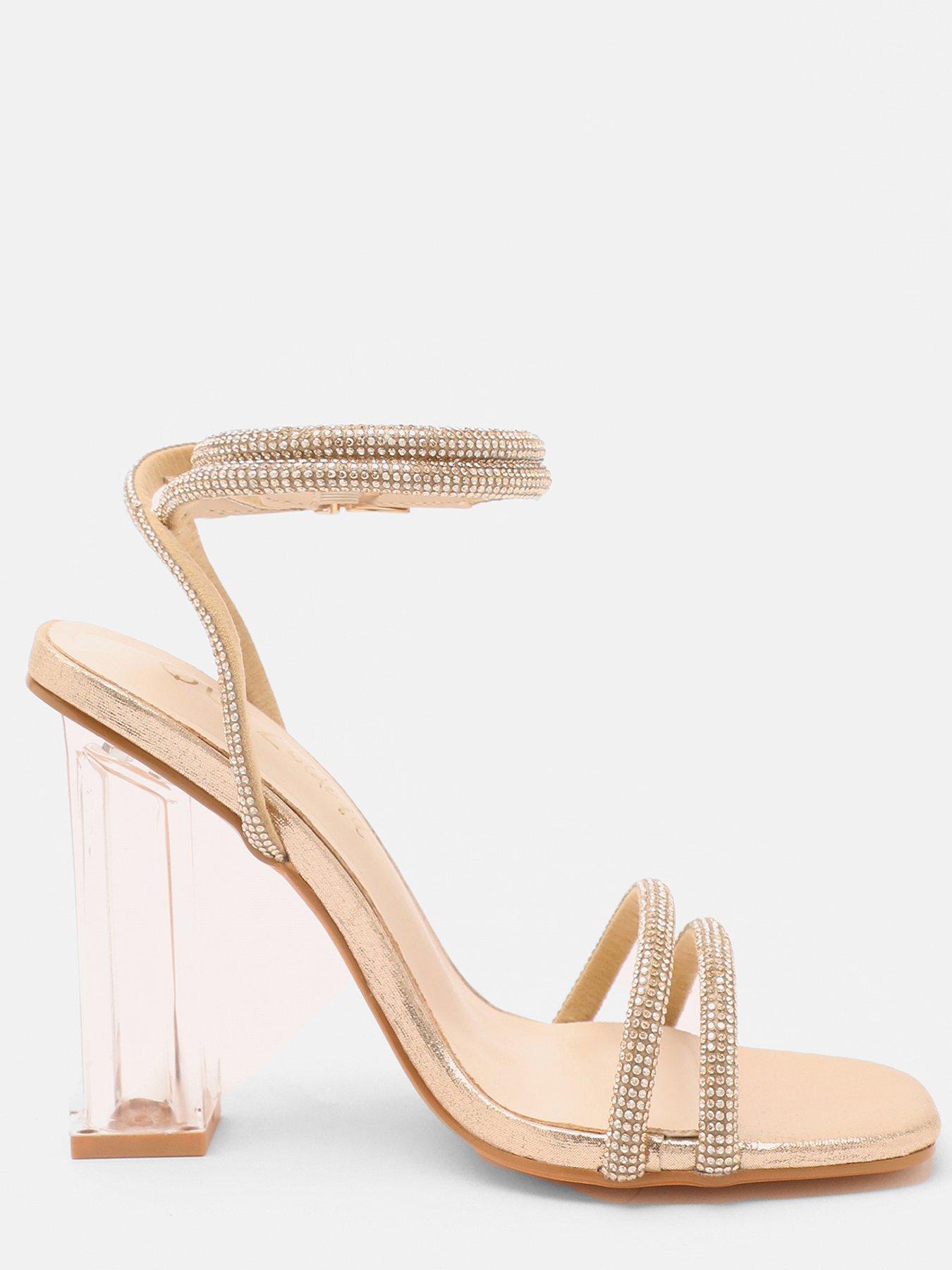 Image 5 of 6 of Quiz Wide Fit Gold Diamante Clear Heeled Sandals