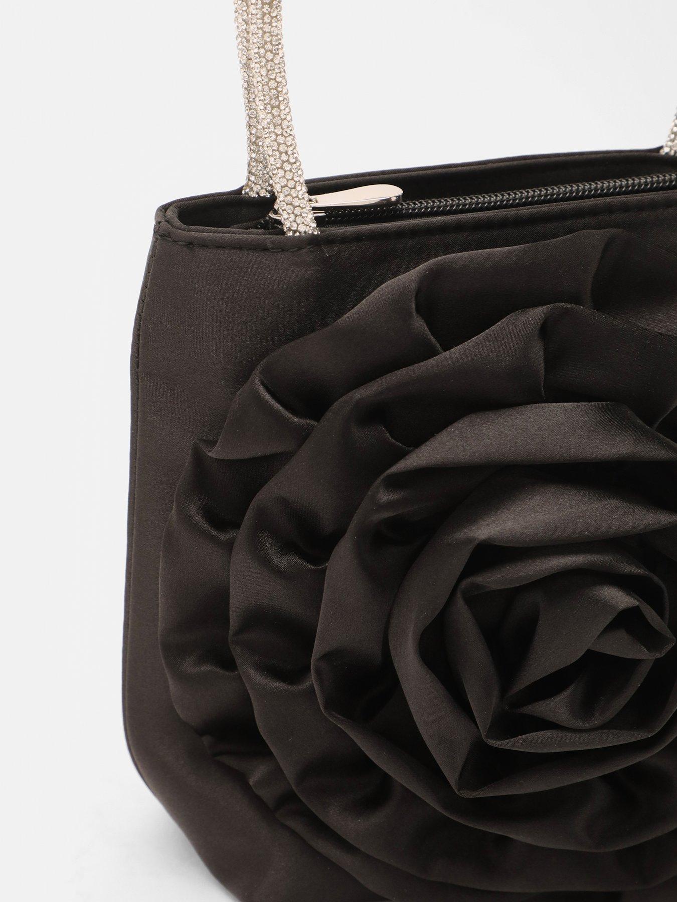 Image 4 of 5 of Quiz Black Satin Corsage Diamante Bag