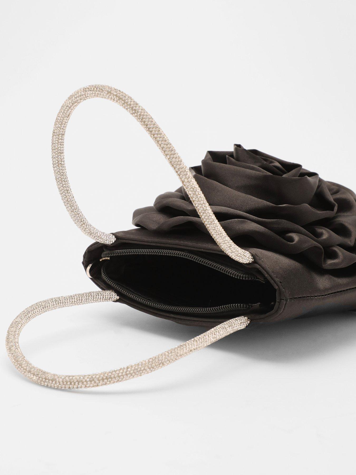 Image 5 of 5 of Quiz Black Satin Corsage Diamante Bag