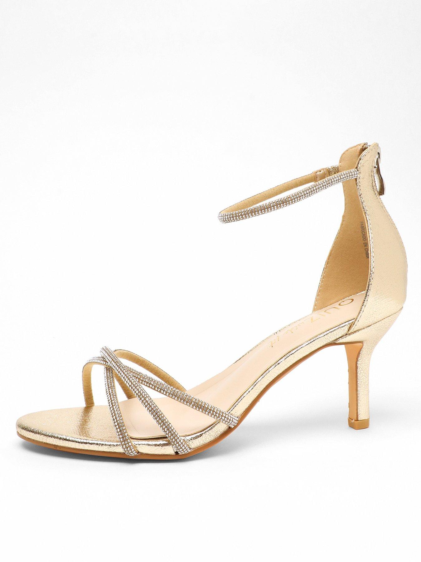 Quiz Wide Fit Gold Satin Diamante Cross Strap Low Heels very