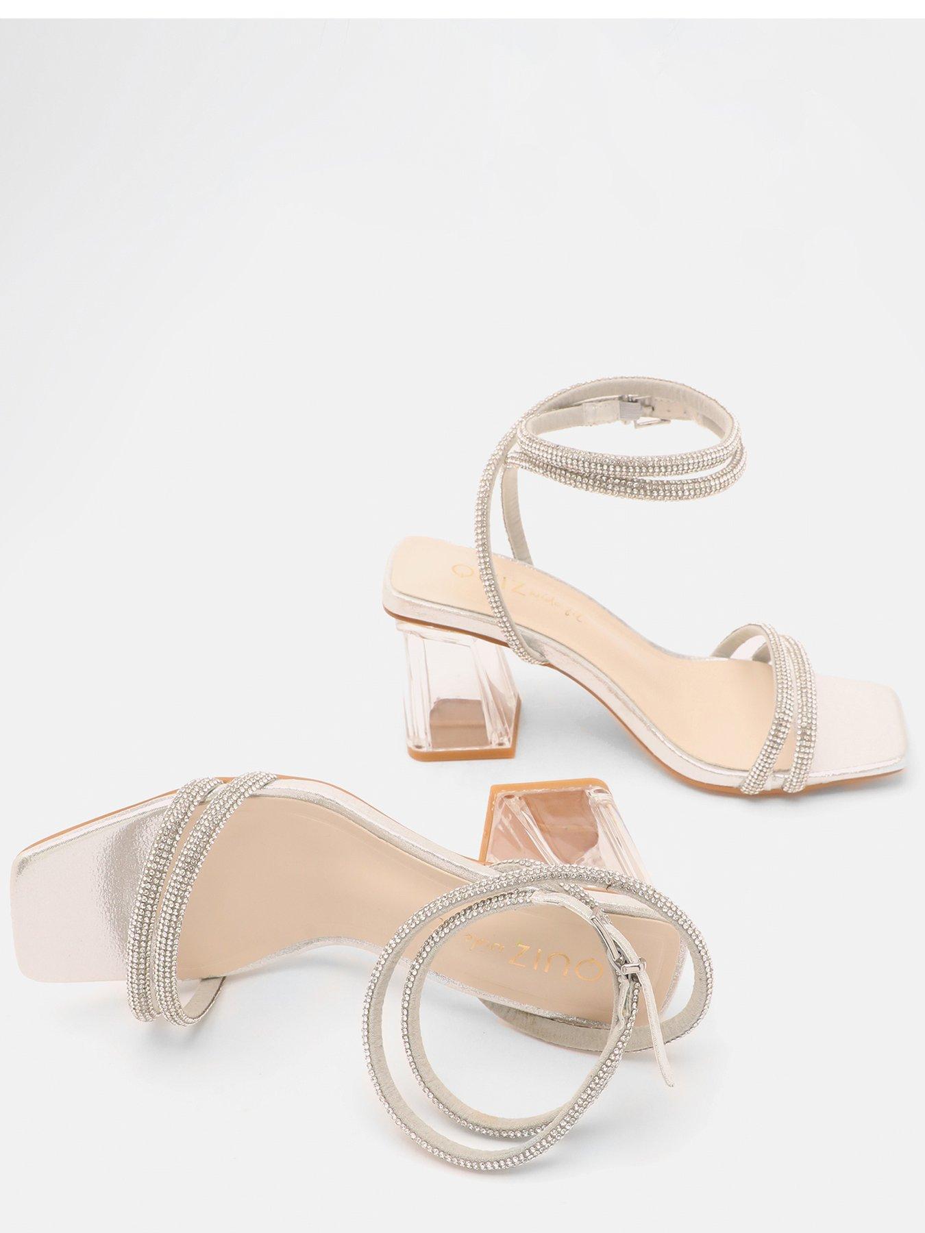 Quiz Wide Fit Silver Diamante Clear Block Heeled Sandals Very