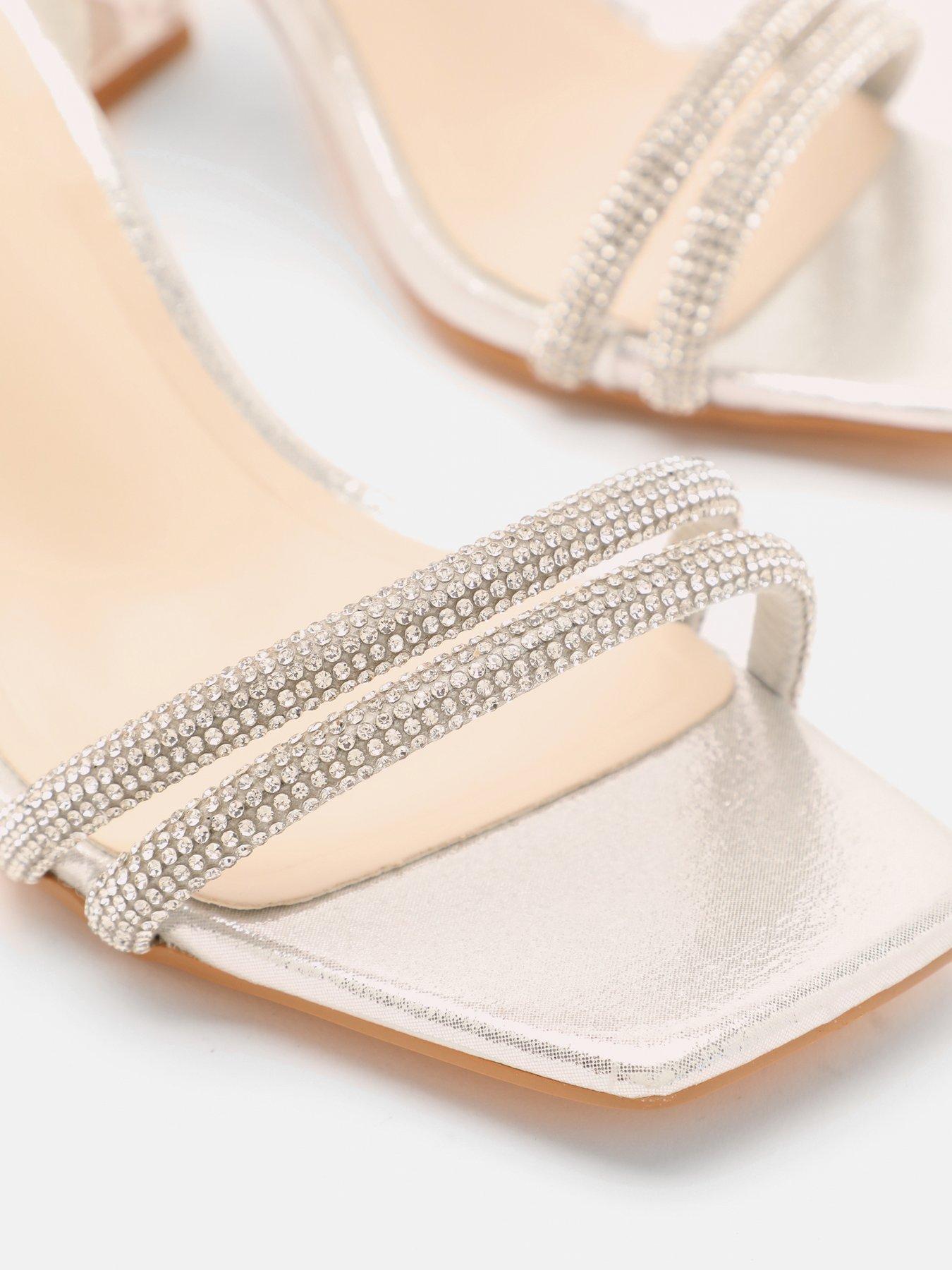 Wide Fit Silver Diamante Clear Block Heeled Sandals