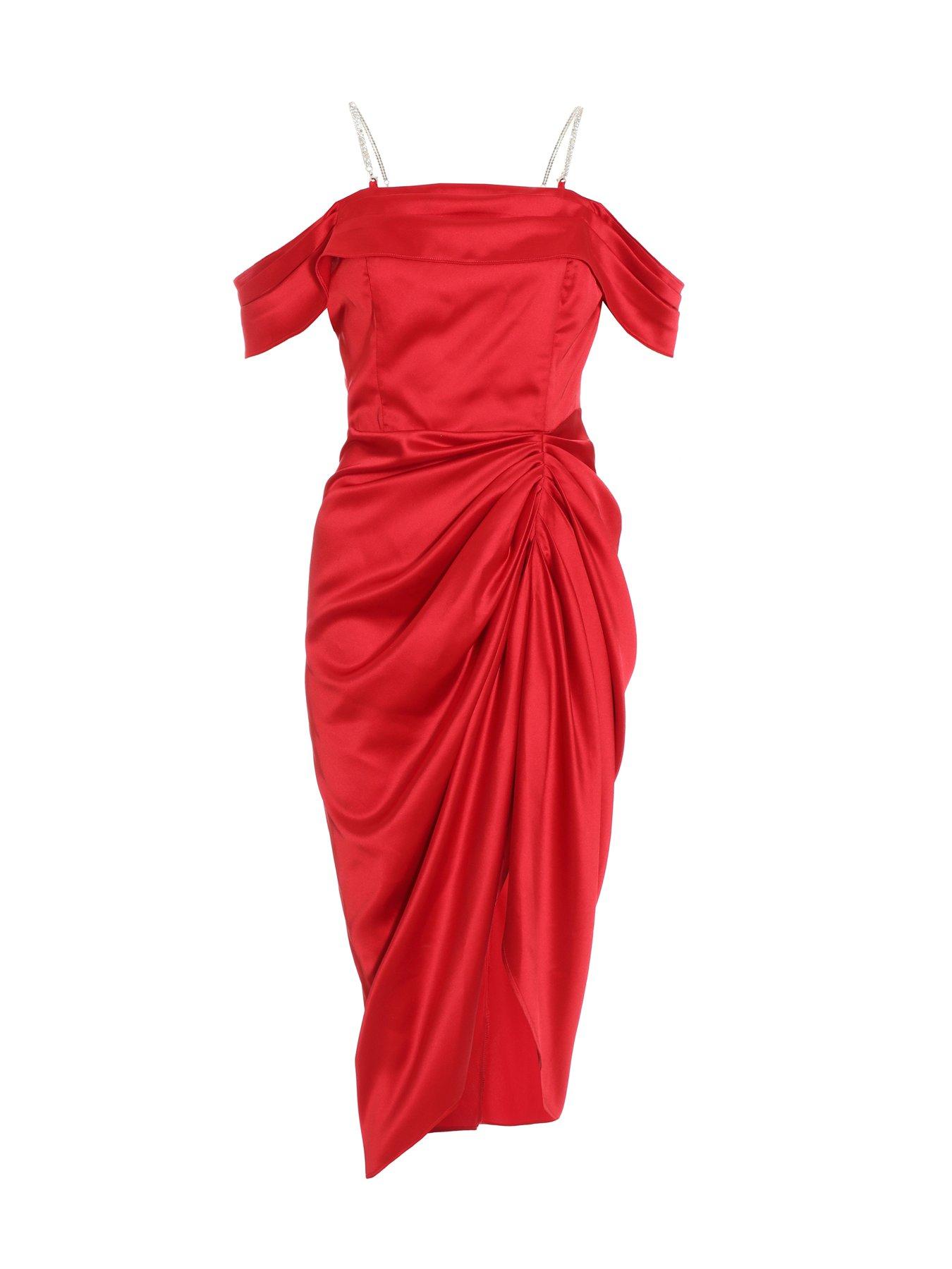 Quiz Red Satin Ruched Cold Shoulder Midi Dress | Very.co.uk