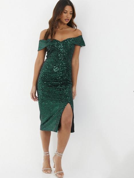 quiz-green-sequin-bardot-split-midi-dress